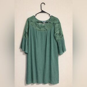 J. Gee Green Lace Bell Sleeve Tunic Dress Size Large Boho Shift Relaxed Fit